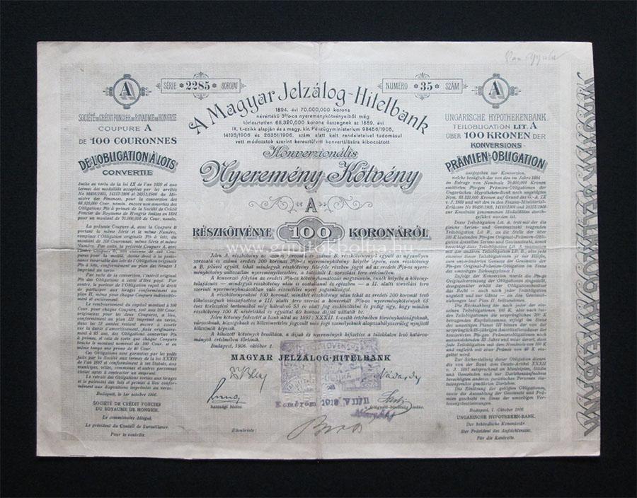 Magyar Jelzlog-Hitelbank nyeremny-ktvny 100 korona 1906 A